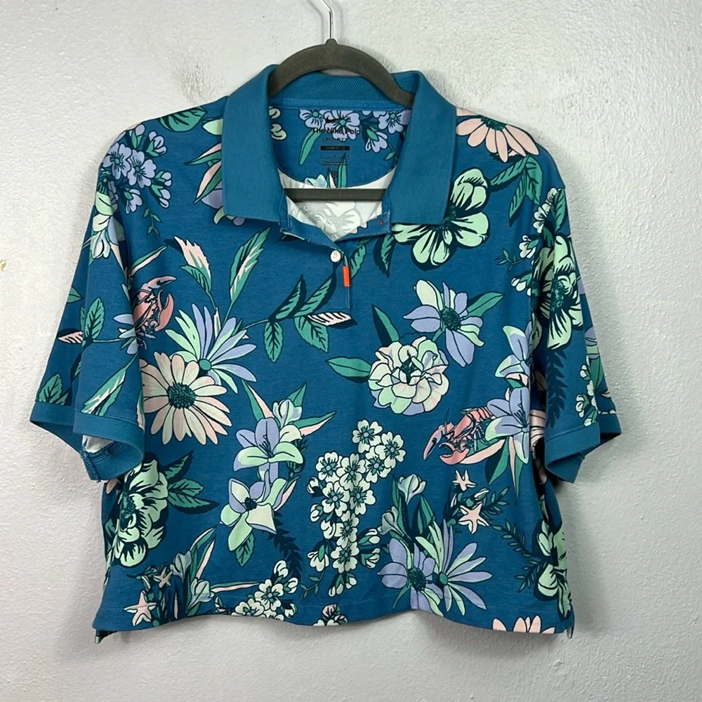 Nike Dri Fit Blue Tropical Floral Short Sleeve Crop Polo Large - Picture 1 of 8
